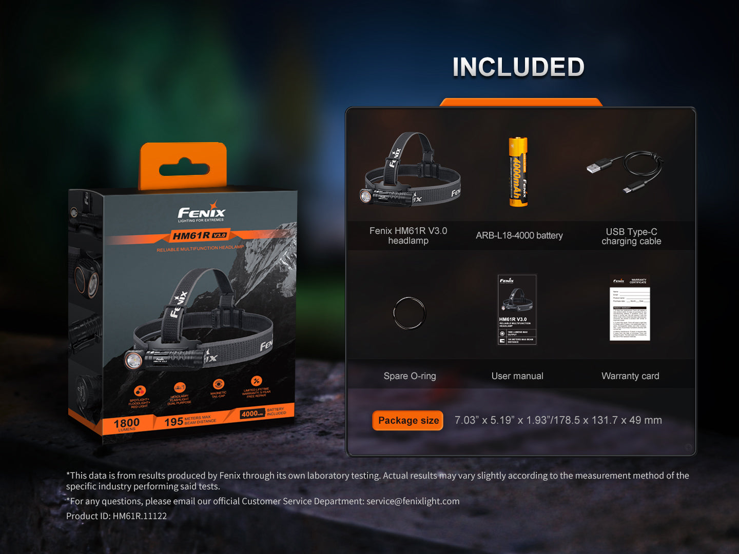 Fenix HM61R V3.0 Stirnlampe Set mit Akku, USB-C Ladekabel, O-Ring, Bedienungsanleitung und Garantiekarte