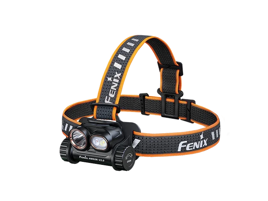 Fenix HM65R V2.0 wiederaufladbare Stirnlampe mit orange-schwarzem Kopfband