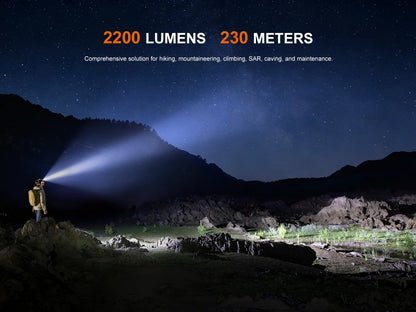 Fenix HM65R V2.0 Stirnlampe mit 2200 Lumen in einer nächtlichen Berglandschaft