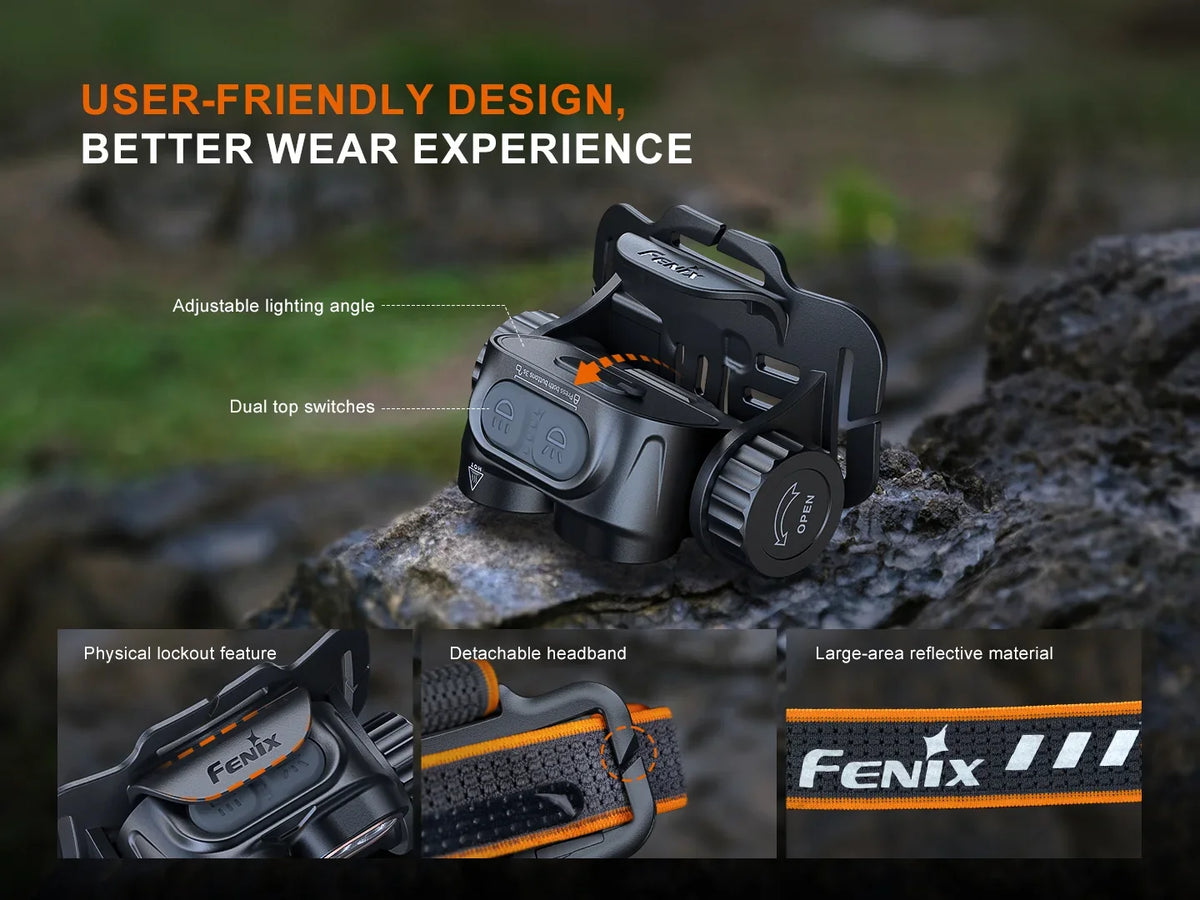 Fenix HM65R V2.0 Stirnlampe mit verstellbarem Winkel, Doppelschaltern und reflektierendem Stirnband.