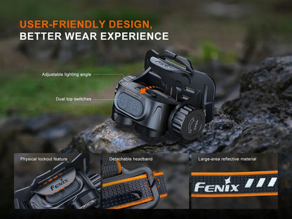Fenix HM65R V2.0 Stirnlampe mit verstellbarem Winkel, Doppelschaltern und reflektierendem Stirnband.