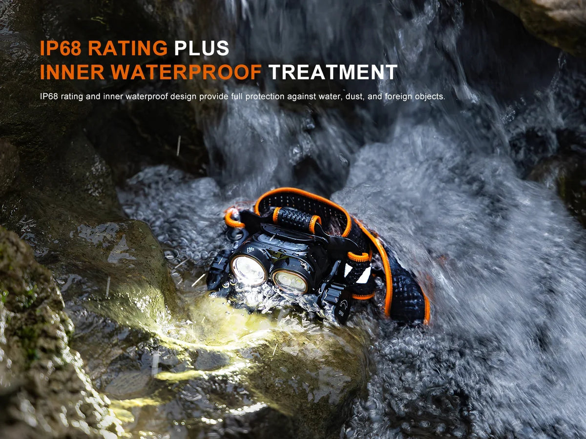 Wasserfeste Fenix HM65R V2.0 Stirnlampe im fließenden Wasser mit IP68-Zertifizierung
