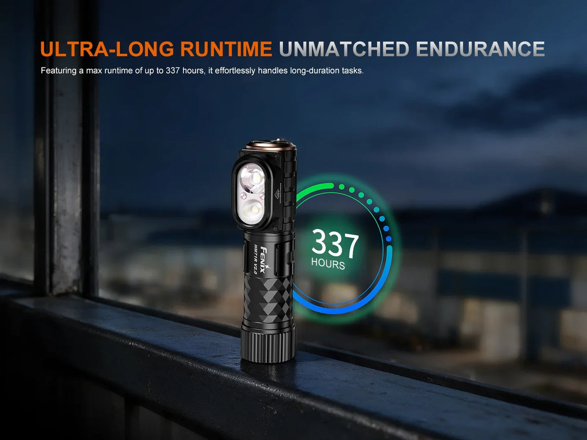 Fenix HM71R V2.0 Stirnlampe mit einer maximalen Laufzeit von 337 Stunden.