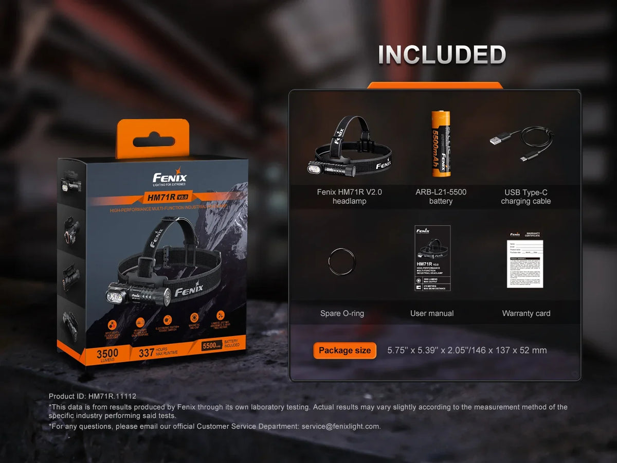 Fenix HM71R V2.0 Industrie Stirnlampe im Lieferumfang mit Akku, Ladekabel und Zubehör.