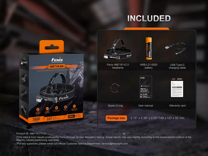 Fenix HM71R V2.0 Industrie Stirnlampe im Lieferumfang mit Akku, Ladekabel und Zubehör.