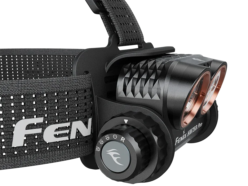 Nahaufnahme der Fenix HM75R Pro Profi Stirnlampe mit Kopfband und Einstellrad.