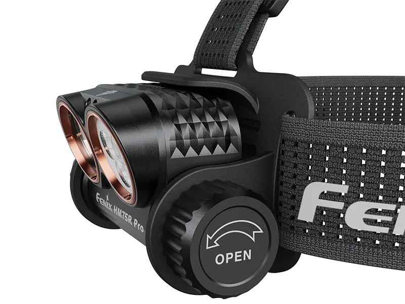 Nahaufnahme der Fenix HM75R Pro Profi Stirnlampe mit Doppel-LED-System und Kopfband