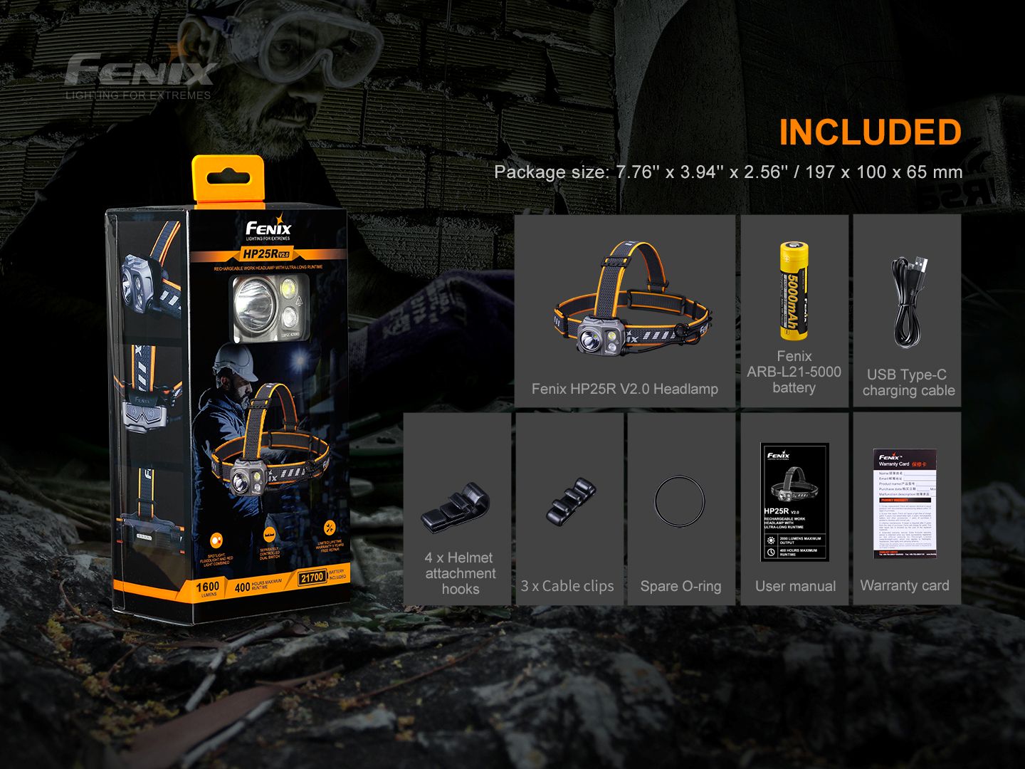 Fenix HP25R V2.0 wiederaufladbare Arbeits-Stirnlampe mit extrem langer Laufzeit, 1600 Lumen