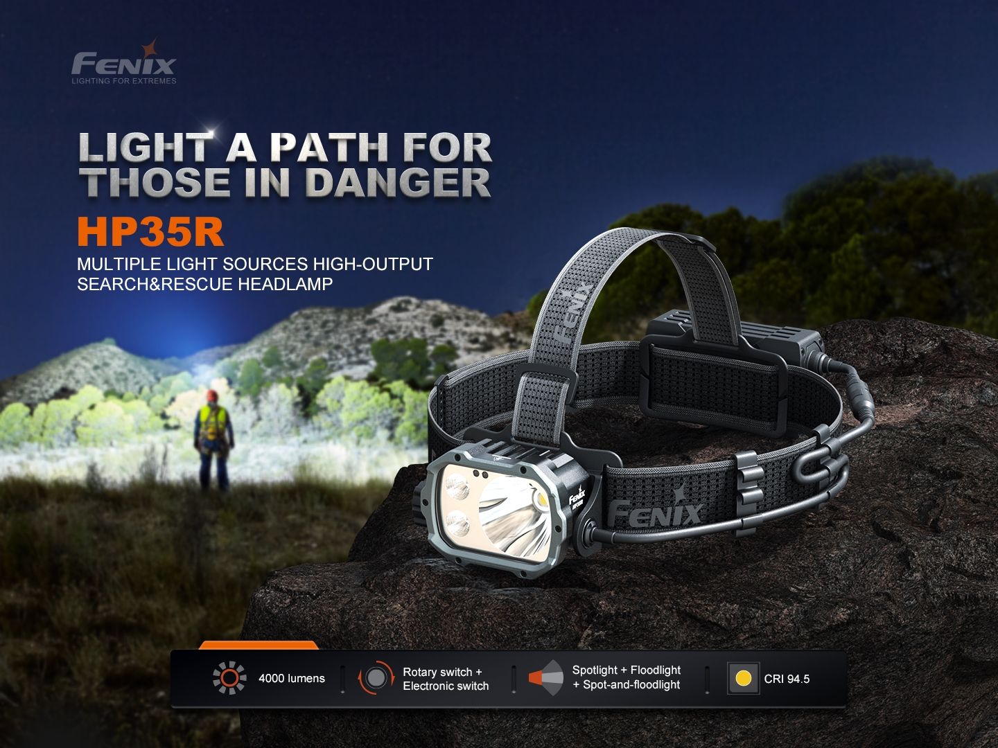 Fenix HP35R Hochleistungs-Stirnlampe mit Mehrfach-Lichtquellen für Such- und Rettungseinsätze, 4000 Lumen