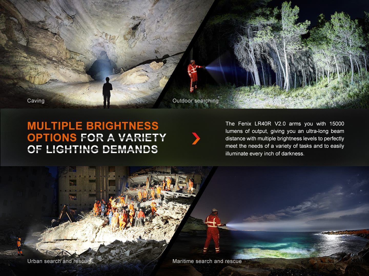Fenix LR40R V2.0 Superhelle Hochleistungs-Suchlampe mit Spot- und Flutlichtfunktion, 15000 Lumen